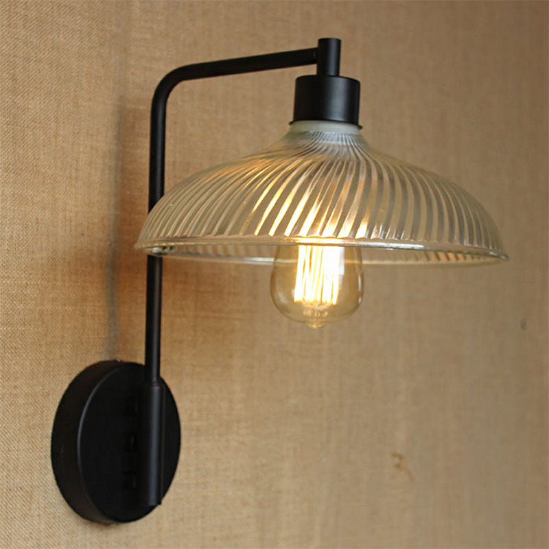 Clear Ribbed Glass Bowl/Bell Sconce Light Vintage 1-Light Bedroom Wall Mounted Lamp with Right Angel Arm in Black Black A Clearhalo 'Art deco wall lights' 'Cast Iron' 'Glass' 'Industrial wall lights' 'Industrial' 'Middle century wall lights' 'Modern' 'Rustic wall lights' 'Tiffany' 'Traditional wall lights' 'Wall Lamps & Sconces' 'Wall Lights' Lighting' 1918276