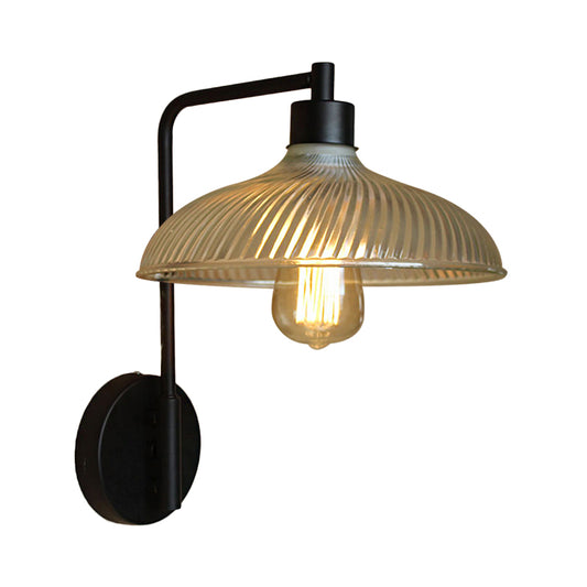Clear Ribbed Glass Bowl/Bell Sconce Light Vintage 1-Light Bedroom Wall Mounted Lamp with Right Angel Arm in Black Clearhalo 'Art deco wall lights' 'Cast Iron' 'Glass' 'Industrial wall lights' 'Industrial' 'Middle century wall lights' 'Modern' 'Rustic wall lights' 'Tiffany' 'Traditional wall lights' 'Wall Lamps & Sconces' 'Wall Lights' Lighting' 1918277
