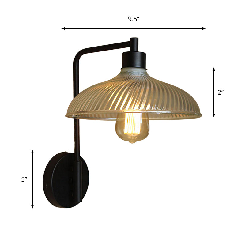 Clear Ribbed Glass Bowl/Bell Sconce Light Vintage 1-Light Bedroom Wall Mounted Lamp with Right Angel Arm in Black Clearhalo 'Art deco wall lights' 'Cast Iron' 'Glass' 'Industrial wall lights' 'Industrial' 'Middle century wall lights' 'Modern' 'Rustic wall lights' 'Tiffany' 'Traditional wall lights' 'Wall Lamps & Sconces' 'Wall Lights' Lighting' 1918278
