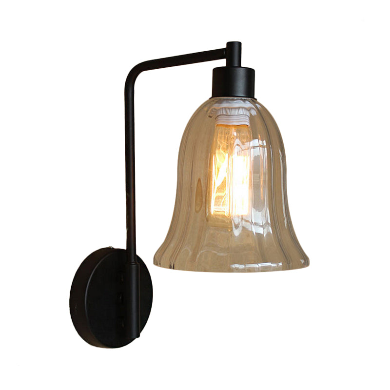 Clear Ribbed Glass Bowl/Bell Sconce Light Vintage 1-Light Bedroom Wall Mounted Lamp with Right Angel Arm in Black Clearhalo 'Art deco wall lights' 'Cast Iron' 'Glass' 'Industrial wall lights' 'Industrial' 'Middle century wall lights' 'Modern' 'Rustic wall lights' 'Tiffany' 'Traditional wall lights' 'Wall Lamps & Sconces' 'Wall Lights' Lighting' 1918280