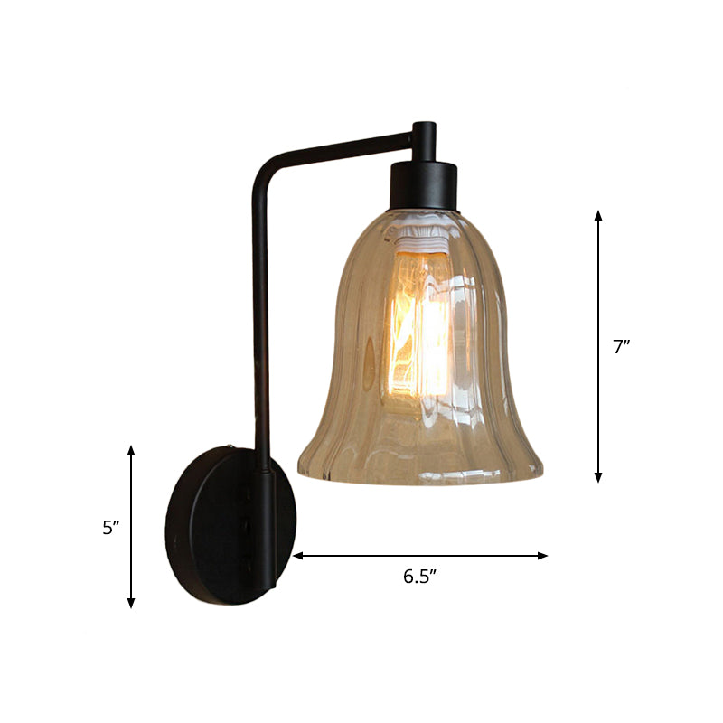 Clear Ribbed Glass Bowl/Bell Sconce Light Vintage 1-Light Bedroom Wall Mounted Lamp with Right Angel Arm in Black Clearhalo 'Art deco wall lights' 'Cast Iron' 'Glass' 'Industrial wall lights' 'Industrial' 'Middle century wall lights' 'Modern' 'Rustic wall lights' 'Tiffany' 'Traditional wall lights' 'Wall Lamps & Sconces' 'Wall Lights' Lighting' 1918281