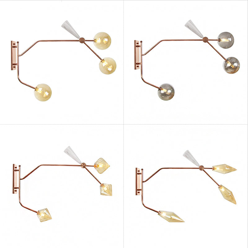 Iron Rose Gold Wall Reading Light Branching 2 Bulbs Industrial Wall Lamp Fixture with Gem/Ball Clear/Smoke Glass Shade Clearhalo 'Art deco wall lights' 'Cast Iron' 'Glass' 'Industrial wall lights' 'Industrial' 'Middle century wall lights' 'Modern' 'Rustic wall lights' 'Tiffany' 'Traditional wall lights' 'Wall Lamps & Sconces' 'Wall Lights' Lighting' 1918282
