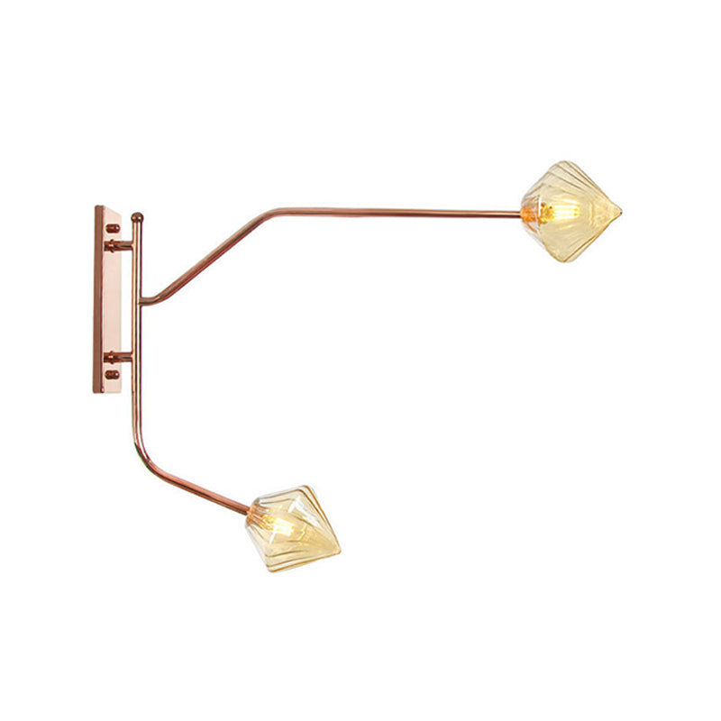 Iron Rose Gold Wall Reading Light Branching 2 Bulbs Industrial Wall Lamp Fixture with Gem/Ball Clear/Smoke Glass Shade Rose Gold E Clearhalo 'Art deco wall lights' 'Cast Iron' 'Glass' 'Industrial wall lights' 'Industrial' 'Middle century wall lights' 'Modern' 'Rustic wall lights' 'Tiffany' 'Traditional wall lights' 'Wall Lamps & Sconces' 'Wall Lights' Lighting' 1918286