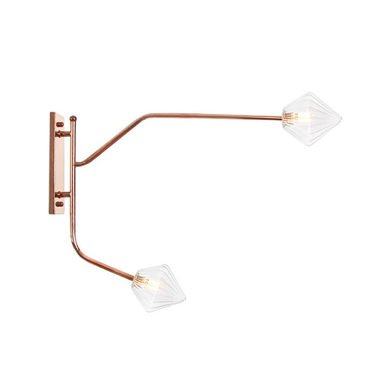 Iron Rose Gold Wall Reading Light Branching 2 Bulbs Industrial Wall Lamp Fixture with Gem/Ball Clear/Smoke Glass Shade Rose Gold F Clearhalo 'Art deco wall lights' 'Cast Iron' 'Glass' 'Industrial wall lights' 'Industrial' 'Middle century wall lights' 'Modern' 'Rustic wall lights' 'Tiffany' 'Traditional wall lights' 'Wall Lamps & Sconces' 'Wall Lights' Lighting' 1918288
