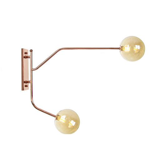 Iron Rose Gold Wall Reading Light Branching 2 Bulbs Industrial Wall Lamp Fixture with Gem/Ball Clear/Smoke Glass Shade Rose Gold A Clearhalo 'Art deco wall lights' 'Cast Iron' 'Glass' 'Industrial wall lights' 'Industrial' 'Middle century wall lights' 'Modern' 'Rustic wall lights' 'Tiffany' 'Traditional wall lights' 'Wall Lamps & Sconces' 'Wall Lights' Lighting' 1918289