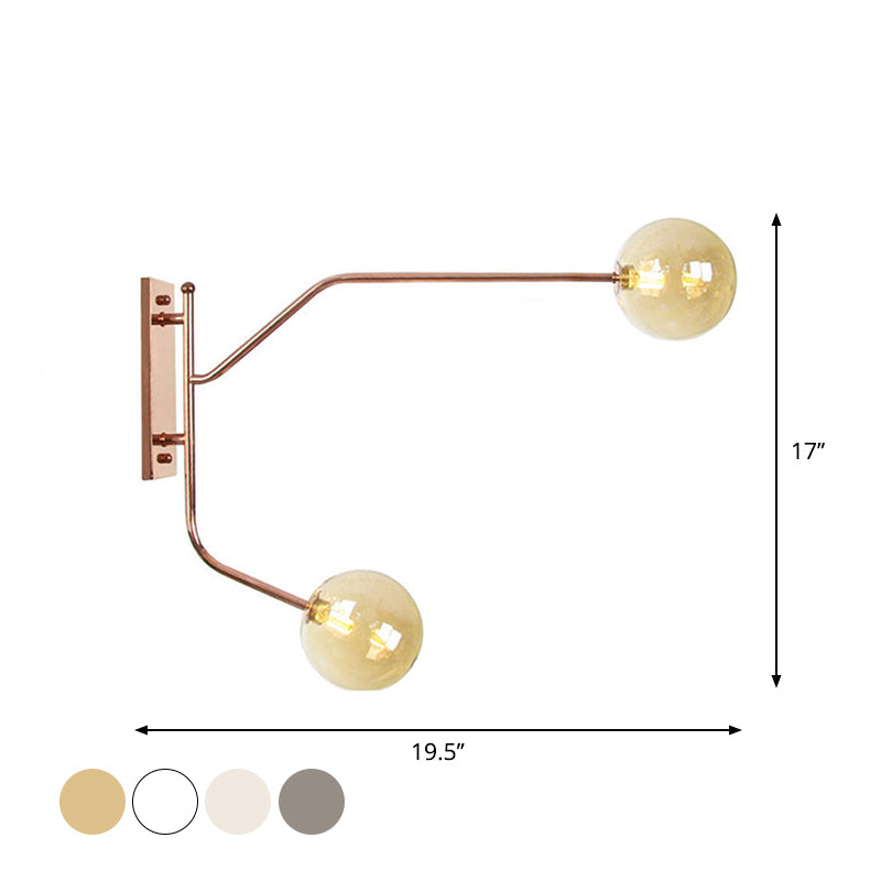 Iron Rose Gold Wall Reading Light Branching 2 Bulbs Industrial Wall Lamp Fixture with Gem/Ball Clear/Smoke Glass Shade Clearhalo 'Art deco wall lights' 'Cast Iron' 'Glass' 'Industrial wall lights' 'Industrial' 'Middle century wall lights' 'Modern' 'Rustic wall lights' 'Tiffany' 'Traditional wall lights' 'Wall Lamps & Sconces' 'Wall Lights' Lighting' 1918290