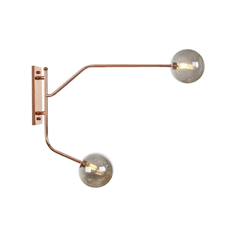 Iron Rose Gold Wall Reading Light Branching 2 Bulbs Industrial Wall Lamp Fixture with Gem/Ball Clear/Smoke Glass Shade Rose Gold D Clearhalo 'Art deco wall lights' 'Cast Iron' 'Glass' 'Industrial wall lights' 'Industrial' 'Middle century wall lights' 'Modern' 'Rustic wall lights' 'Tiffany' 'Traditional wall lights' 'Wall Lamps & Sconces' 'Wall Lights' Lighting' 1918293