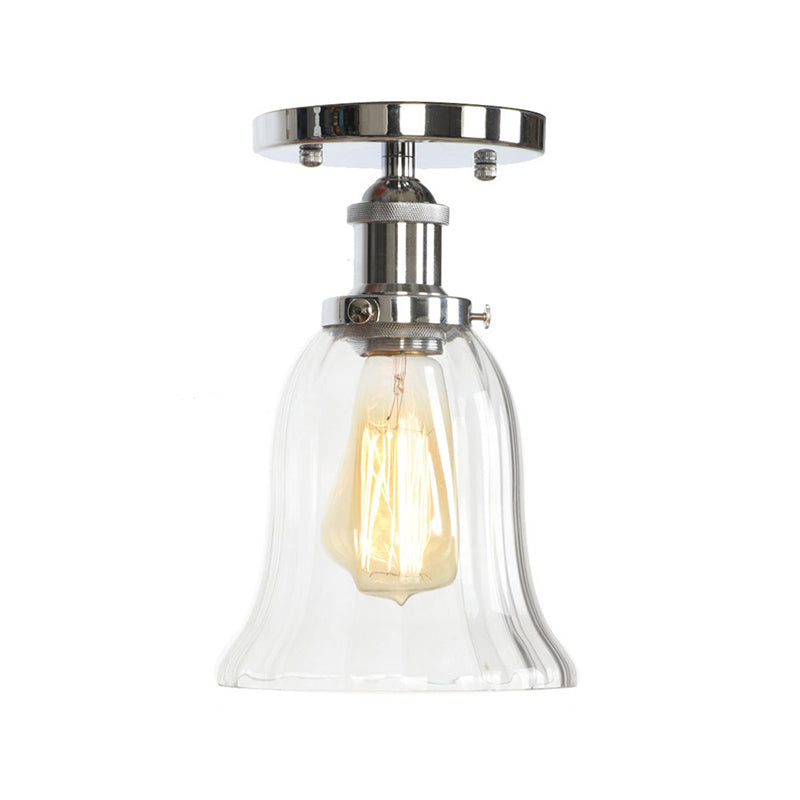 Single Clear/Clear Ribbed Glass Flushmount Farmhouse Chrome Bell/Pear Shaped Corridor Semi Flush Mount Ceiling Light Chrome E Clearhalo 'Ceiling Lights' 'Close To Ceiling Lights' 'Close to ceiling' 'Semi-flushmount' Lighting' 1918303