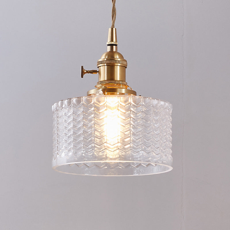 Retro Short Cylinder Pendant Lighting 1 Head Clear/Green Wavy Glass Ceiling Hang Lamp with Rotary Switch in Brass Clear Clearhalo 'Ceiling Lights' 'Glass shade' 'Glass' 'Industrial Pendants' 'Industrial' 'Middle Century Pendants' 'Pendant Lights' 'Pendants' 'Tiffany' Lighting' 1918311