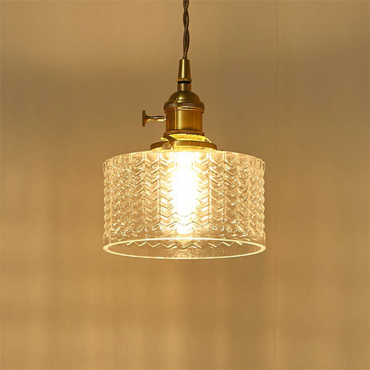 Retro Short Cylinder Pendant Lighting 1 Head Clear/Green Wavy Glass Ceiling Hang Lamp with Rotary Switch in Brass Clearhalo 'Ceiling Lights' 'Glass shade' 'Glass' 'Industrial Pendants' 'Industrial' 'Middle Century Pendants' 'Pendant Lights' 'Pendants' 'Tiffany' Lighting' 1918312