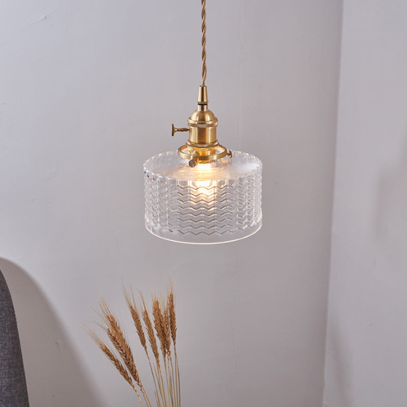 Retro Short Cylinder Pendant Lighting 1 Head Clear/Green Wavy Glass Ceiling Hang Lamp with Rotary Switch in Brass Clearhalo 'Ceiling Lights' 'Glass shade' 'Glass' 'Industrial Pendants' 'Industrial' 'Middle Century Pendants' 'Pendant Lights' 'Pendants' 'Tiffany' Lighting' 1918313