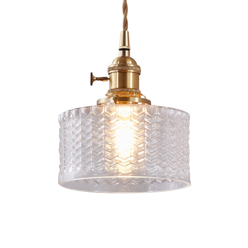 Retro Short Cylinder Pendant Lighting 1 Head Clear/Green Wavy Glass Ceiling Hang Lamp with Rotary Switch in Brass Clearhalo 'Ceiling Lights' 'Glass shade' 'Glass' 'Industrial Pendants' 'Industrial' 'Middle Century Pendants' 'Pendant Lights' 'Pendants' 'Tiffany' Lighting' 1918314