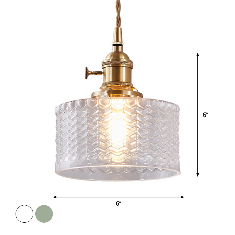 Retro Short Cylinder Pendant Lighting 1 Head Clear/Green Wavy Glass Ceiling Hang Lamp with Rotary Switch in Brass Clearhalo 'Ceiling Lights' 'Glass shade' 'Glass' 'Industrial Pendants' 'Industrial' 'Middle Century Pendants' 'Pendant Lights' 'Pendants' 'Tiffany' Lighting' 1918315