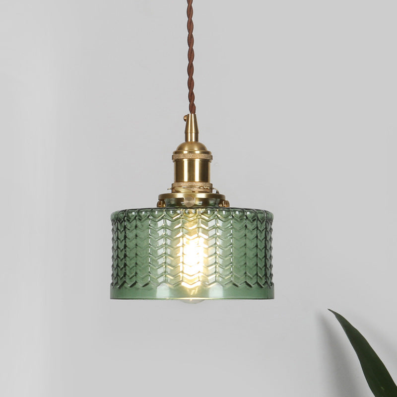Retro Short Cylinder Pendant Lighting 1 Head Clear/Green Wavy Glass Ceiling Hang Lamp with Rotary Switch in Brass Green Clearhalo 'Ceiling Lights' 'Glass shade' 'Glass' 'Industrial Pendants' 'Industrial' 'Middle Century Pendants' 'Pendant Lights' 'Pendants' 'Tiffany' Lighting' 1918316