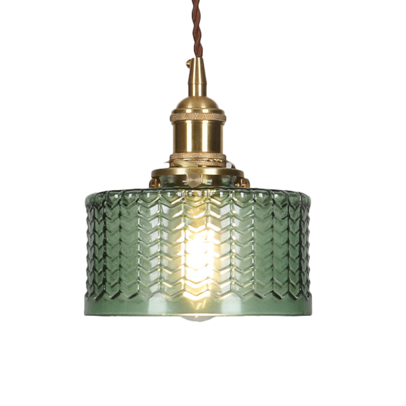Retro Short Cylinder Pendant Lighting 1 Head Clear/Green Wavy Glass Ceiling Hang Lamp with Rotary Switch in Brass Clearhalo 'Ceiling Lights' 'Glass shade' 'Glass' 'Industrial Pendants' 'Industrial' 'Middle Century Pendants' 'Pendant Lights' 'Pendants' 'Tiffany' Lighting' 1918317