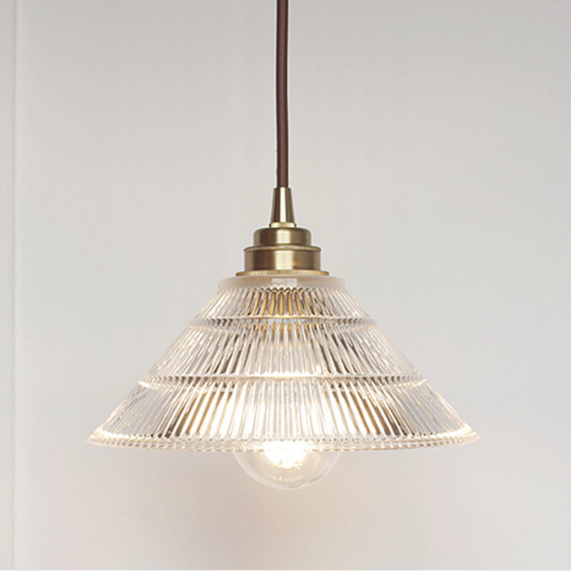 Cone Clear Ribbed Glass Pendulum Light Minimalist 1-Light Dining Table Suspension Lamp in Brass Clear Clearhalo 'Ceiling Lights' 'Glass shade' 'Glass' 'Industrial Pendants' 'Industrial' 'Middle Century Pendants' 'Pendant Lights' 'Pendants' 'Tiffany' Lighting' 1918318