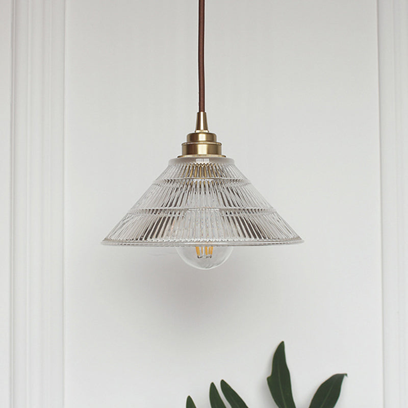 Cone Clear Ribbed Glass Pendulum Light Minimalist 1-Light Dining Table Suspension Lamp in Brass Clearhalo 'Ceiling Lights' 'Glass shade' 'Glass' 'Industrial Pendants' 'Industrial' 'Middle Century Pendants' 'Pendant Lights' 'Pendants' 'Tiffany' Lighting' 1918320