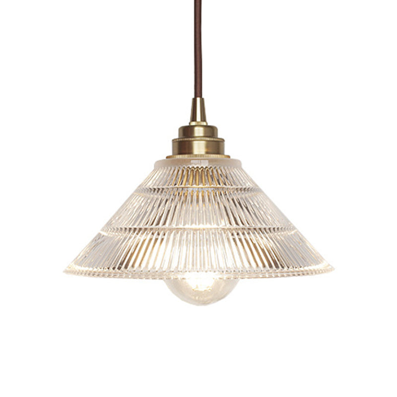Cone Clear Ribbed Glass Pendulum Light Minimalist 1-Light Dining Table Suspension Lamp in Brass Clearhalo 'Ceiling Lights' 'Glass shade' 'Glass' 'Industrial Pendants' 'Industrial' 'Middle Century Pendants' 'Pendant Lights' 'Pendants' 'Tiffany' Lighting' 1918321
