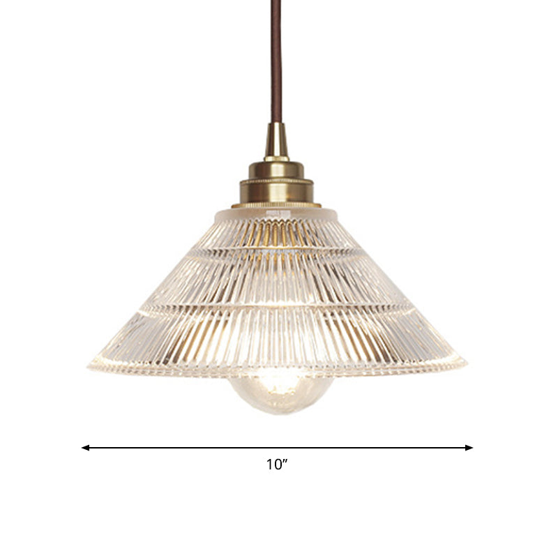 Cone Clear Ribbed Glass Pendulum Light Minimalist 1-Light Dining Table Suspension Lamp in Brass Clearhalo 'Ceiling Lights' 'Glass shade' 'Glass' 'Industrial Pendants' 'Industrial' 'Middle Century Pendants' 'Pendant Lights' 'Pendants' 'Tiffany' Lighting' 1918322