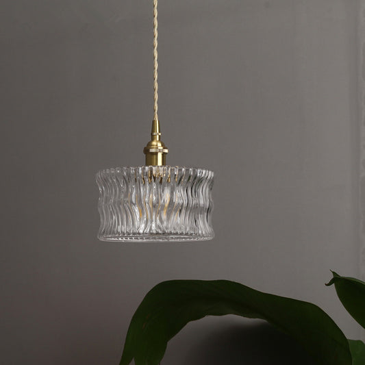 Cylindrical Sitting Room Pendant Lamp Antique Clear Ribbed Glass Single Gold Ceiling Light Clearhalo 'Ceiling Lights' 'Glass shade' 'Glass' 'Industrial Pendants' 'Industrial' 'Middle Century Pendants' 'Pendant Lights' 'Pendants' 'Tiffany' Lighting' 1918324