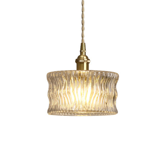 Cylindrical Sitting Room Pendant Lamp Antique Clear Ribbed Glass Single Gold Ceiling Light Clearhalo 'Ceiling Lights' 'Glass shade' 'Glass' 'Industrial Pendants' 'Industrial' 'Middle Century Pendants' 'Pendant Lights' 'Pendants' 'Tiffany' Lighting' 1918326