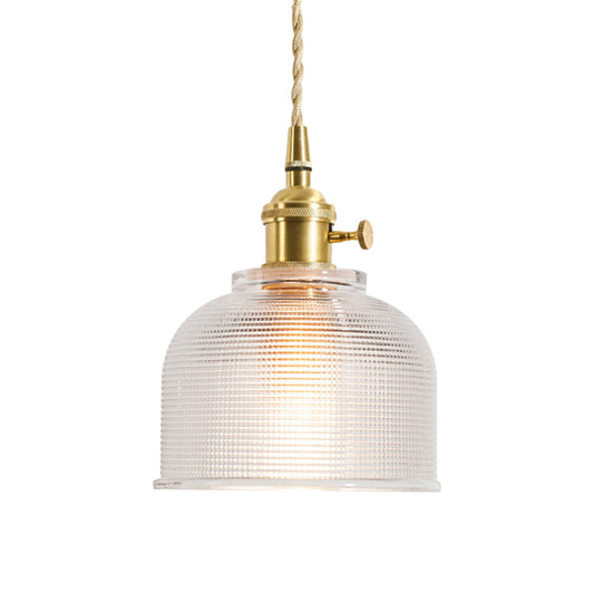 1-Light Floral/Flared/Cone Hanging Lamp Rustic Brass Clear Ribbed/Gridded Glass Ceiling Pendant Light over Table Clearhalo 'Ceiling Lights' 'Glass shade' 'Glass' 'Industrial Pendants' 'Industrial' 'Middle Century Pendants' 'Pendant Lights' 'Pendants' 'Tiffany' Lighting' 1918343