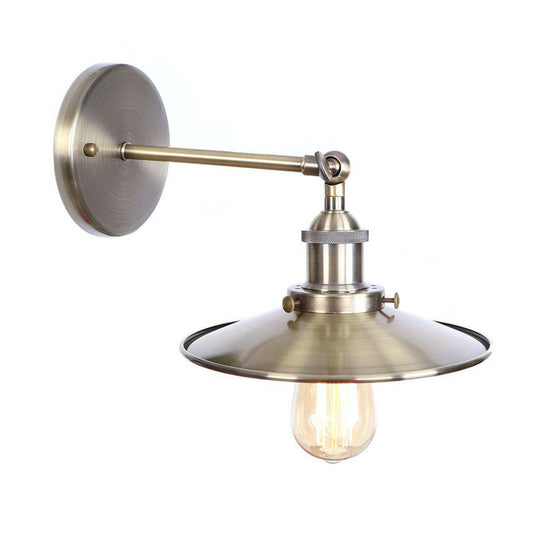 Bronze 1-Light Wall Lamp Industrial Iron Roll-Edge Saucer/Cone/Horn Wall Mount Light Fixture with Rotating Joint Bronze A Clearhalo 'Art deco wall lights' 'Cast Iron' 'Glass' 'Industrial wall lights' 'Industrial' 'Middle century wall lights' 'Modern' 'Rustic wall lights' 'Tiffany' 'Traditional wall lights' 'Wall Lamps & Sconces' 'Wall Lights' Lighting' 1918352