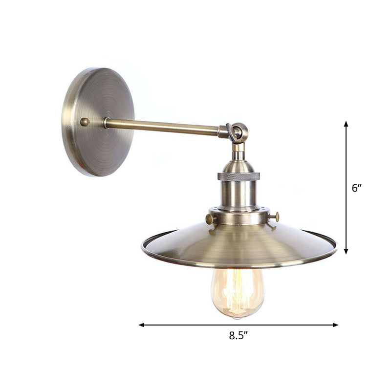 Bronze 1-Light Wall Lamp Industrial Iron Roll-Edge Saucer/Cone/Horn Wall Mount Light Fixture with Rotating Joint Clearhalo 'Art deco wall lights' 'Cast Iron' 'Glass' 'Industrial wall lights' 'Industrial' 'Middle century wall lights' 'Modern' 'Rustic wall lights' 'Tiffany' 'Traditional wall lights' 'Wall Lamps & Sconces' 'Wall Lights' Lighting' 1918353