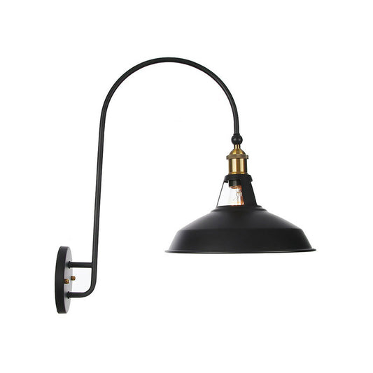 Iron Barn/Bowl/Scalloped Wall Light Kit Vintage 1 Bulb Bedside Reading Wall Lamp with Swooping Arm in Black Black E Clearhalo 'Art deco wall lights' 'Cast Iron' 'Glass' 'Industrial wall lights' 'Industrial' 'Middle century wall lights' 'Modern' 'Rustic wall lights' 'Tiffany' 'Traditional wall lights' 'Wall Lamps & Sconces' 'Wall Lights' Lighting' 1918378