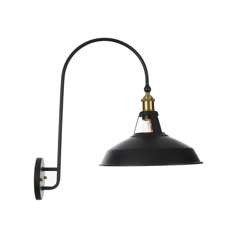 Iron Barn/Bowl/Scalloped Wall Light Kit Vintage 1 Bulb Bedside Reading Wall Lamp with Swooping Arm in Black Black F Clearhalo 'Art deco wall lights' 'Cast Iron' 'Glass' 'Industrial wall lights' 'Industrial' 'Middle century wall lights' 'Modern' 'Rustic wall lights' 'Tiffany' 'Traditional wall lights' 'Wall Lamps & Sconces' 'Wall Lights' Lighting' 1918380