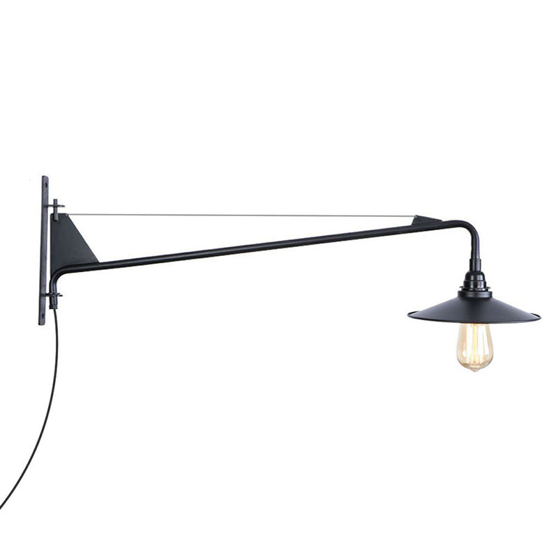 Industrial Scalloped/Exposed Wall Lamp 1/2-Light Iron Plug-in Wall Mounted Lighting with Long Swing Arm in Black 1.0 Black B Clearhalo 'Art deco wall lights' 'Cast Iron' 'Glass' 'Industrial wall lights' 'Industrial' 'Middle century wall lights' 'Modern' 'Rustic wall lights' 'Tiffany' 'Traditional wall lights' 'Wall Lamps & Sconces' 'Wall Lights' Lighting' 1918393