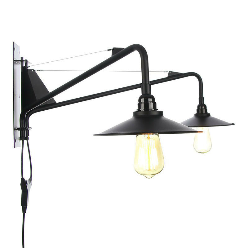 Industrial Scalloped/Exposed Wall Lamp 1/2-Light Iron Plug-in Wall Mounted Lighting with Long Swing Arm in Black 2.0 Black B Clearhalo 'Art deco wall lights' 'Cast Iron' 'Glass' 'Industrial wall lights' 'Industrial' 'Middle century wall lights' 'Modern' 'Rustic wall lights' 'Tiffany' 'Traditional wall lights' 'Wall Lamps & Sconces' 'Wall Lights' Lighting' 1918395