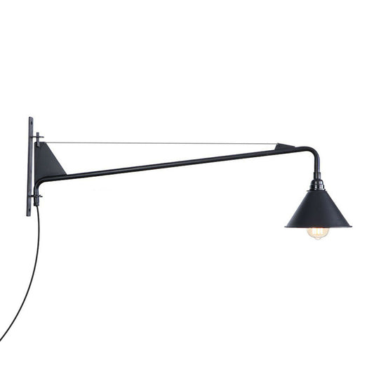 Industrial Scalloped/Exposed Wall Lamp 1/2-Light Iron Plug-in Wall Mounted Lighting with Long Swing Arm in Black 1.0 Black C Clearhalo 'Art deco wall lights' 'Cast Iron' 'Glass' 'Industrial wall lights' 'Industrial' 'Middle century wall lights' 'Modern' 'Rustic wall lights' 'Tiffany' 'Traditional wall lights' 'Wall Lamps & Sconces' 'Wall Lights' Lighting' 1918398