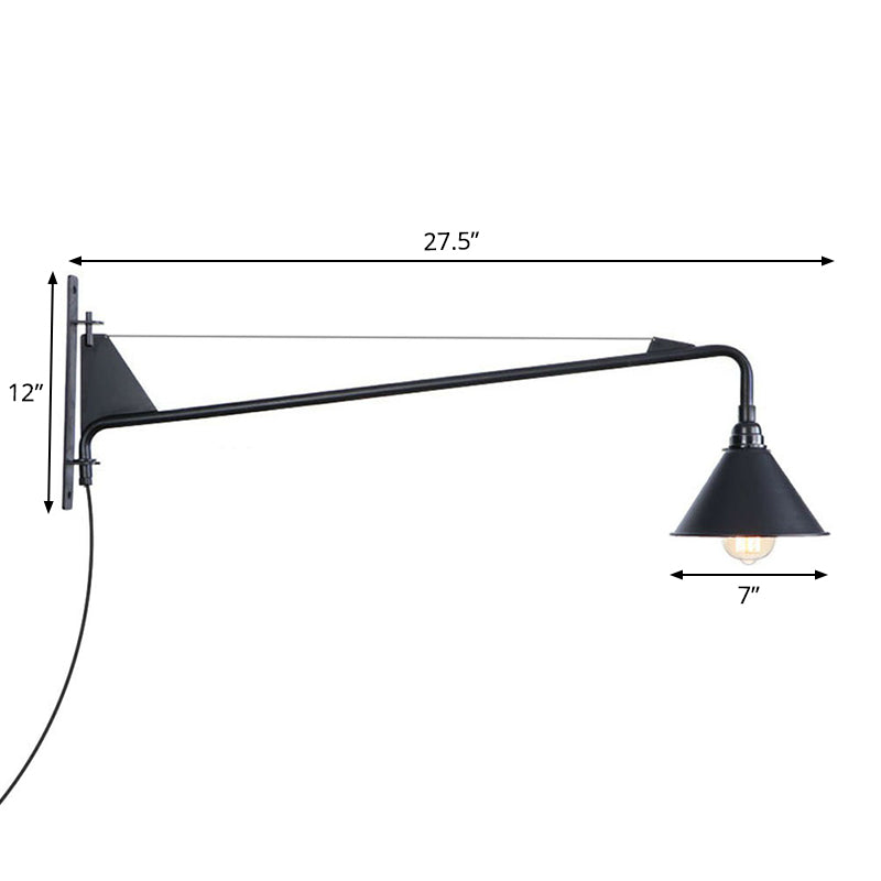 Industrial Scalloped/Exposed Wall Lamp 1/2-Light Iron Plug-in Wall Mounted Lighting with Long Swing Arm in Black Clearhalo 'Art deco wall lights' 'Cast Iron' 'Glass' 'Industrial wall lights' 'Industrial' 'Middle century wall lights' 'Modern' 'Rustic wall lights' 'Tiffany' 'Traditional wall lights' 'Wall Lamps & Sconces' 'Wall Lights' Lighting' 1918399