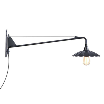 Industrial Scalloped/Exposed Wall Lamp 1/2-Light Iron Plug-in Wall Mounted Lighting with Long Swing Arm in Black 1.0 Black D Clearhalo 'Art deco wall lights' 'Cast Iron' 'Glass' 'Industrial wall lights' 'Industrial' 'Middle century wall lights' 'Modern' 'Rustic wall lights' 'Tiffany' 'Traditional wall lights' 'Wall Lamps & Sconces' 'Wall Lights' Lighting' 1918402