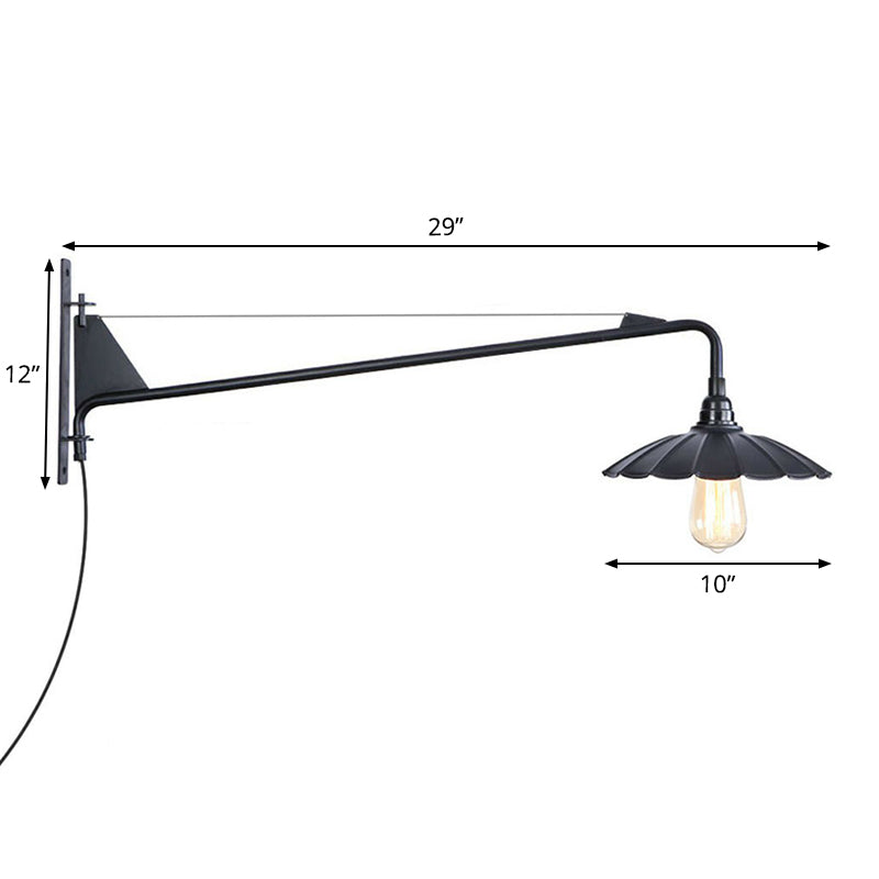 Industrial Scalloped/Exposed Wall Lamp 1/2-Light Iron Plug-in Wall Mounted Lighting with Long Swing Arm in Black Clearhalo 'Art deco wall lights' 'Cast Iron' 'Glass' 'Industrial wall lights' 'Industrial' 'Middle century wall lights' 'Modern' 'Rustic wall lights' 'Tiffany' 'Traditional wall lights' 'Wall Lamps & Sconces' 'Wall Lights' Lighting' 1918403