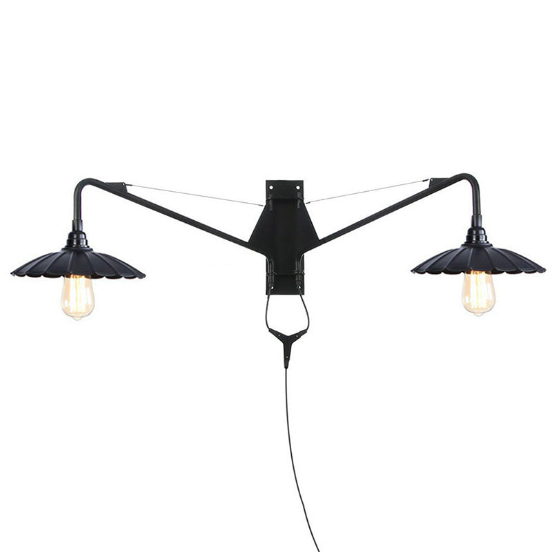 Industrial Scalloped/Exposed Wall Lamp 1/2-Light Iron Plug-in Wall Mounted Lighting with Long Swing Arm in Black 2.0 Black D Clearhalo 'Art deco wall lights' 'Cast Iron' 'Glass' 'Industrial wall lights' 'Industrial' 'Middle century wall lights' 'Modern' 'Rustic wall lights' 'Tiffany' 'Traditional wall lights' 'Wall Lamps & Sconces' 'Wall Lights' Lighting' 1918404