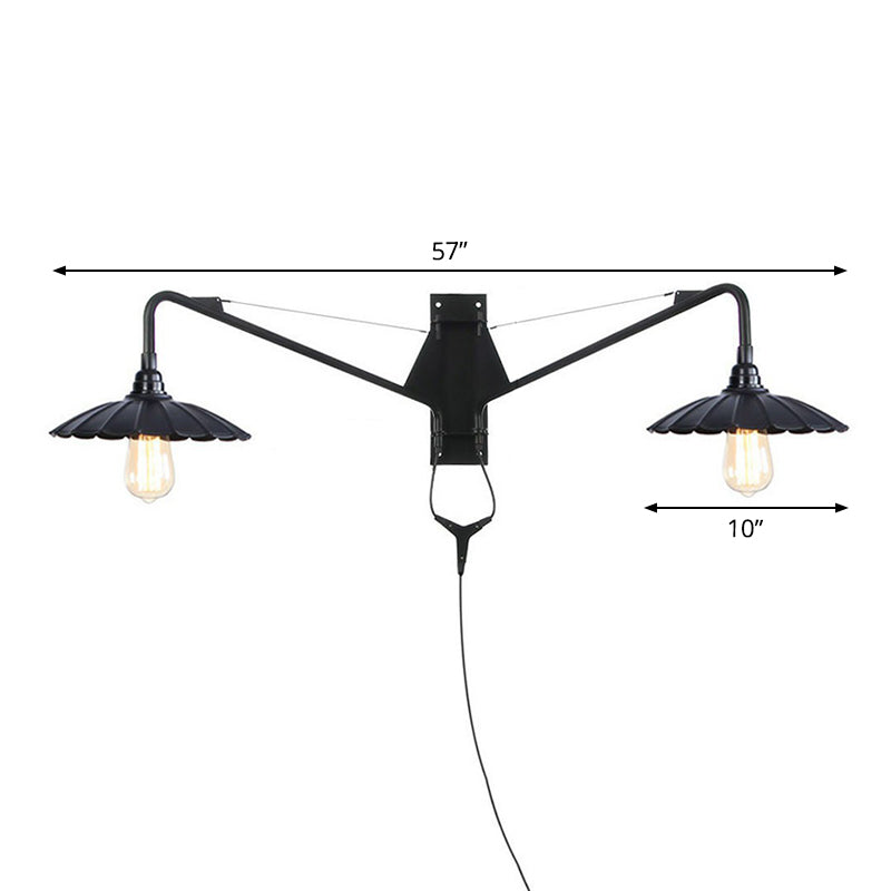Industrial Scalloped/Exposed Wall Lamp 1/2-Light Iron Plug-in Wall Mounted Lighting with Long Swing Arm in Black Clearhalo 'Art deco wall lights' 'Cast Iron' 'Glass' 'Industrial wall lights' 'Industrial' 'Middle century wall lights' 'Modern' 'Rustic wall lights' 'Tiffany' 'Traditional wall lights' 'Wall Lamps & Sconces' 'Wall Lights' Lighting' 1918405