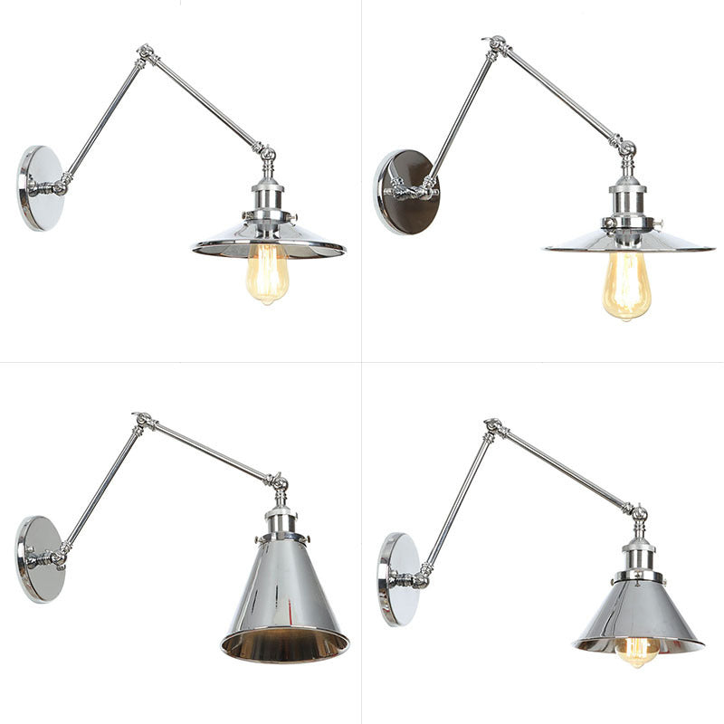 Saucer/Cone/Horn Bedside Reading Wall Lamp Factory Metal Single 6"/8" W Chrome Wall Mount Light Fixture with Rotatable Arm Clearhalo 'Art deco wall lights' 'Cast Iron' 'Glass' 'Industrial wall lights' 'Industrial' 'Middle century wall lights' 'Modern' 'Rustic wall lights' 'Tiffany' 'Traditional wall lights' 'Wall Lamps & Sconces' 'Wall Lights' Lighting' 1918406