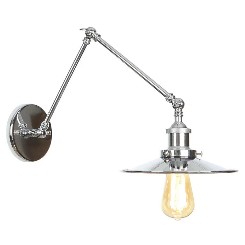 Saucer/Cone/Horn Bedside Reading Wall Lamp Factory Metal Single 6"/8" W Chrome Wall Mount Light Fixture with Rotatable Arm Chrome A Clearhalo 'Art deco wall lights' 'Cast Iron' 'Glass' 'Industrial wall lights' 'Industrial' 'Middle century wall lights' 'Modern' 'Rustic wall lights' 'Tiffany' 'Traditional wall lights' 'Wall Lamps & Sconces' 'Wall Lights' Lighting' 1918407
