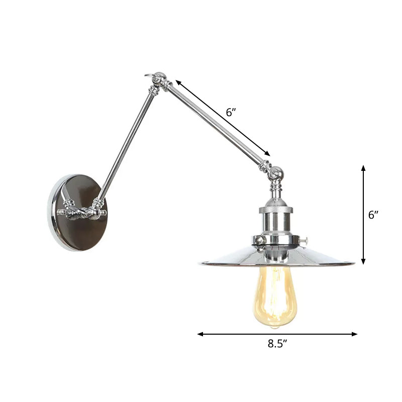 Saucer/Cone/Horn Bedside Reading Wall Lamp Factory Metal Single 6"/8" W Chrome Wall Mount Light Fixture with Rotatable Arm Clearhalo 'Art deco wall lights' 'Cast Iron' 'Glass' 'Industrial wall lights' 'Industrial' 'Middle century wall lights' 'Modern' 'Rustic wall lights' 'Tiffany' 'Traditional wall lights' 'Wall Lamps & Sconces' 'Wall Lights' Lighting' 1918408