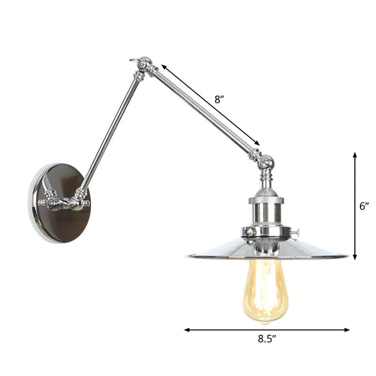 Saucer/Cone/Horn Bedside Reading Wall Lamp Factory Metal Single 6"/8" W Chrome Wall Mount Light Fixture with Rotatable Arm Clearhalo 'Art deco wall lights' 'Cast Iron' 'Glass' 'Industrial wall lights' 'Industrial' 'Middle century wall lights' 'Modern' 'Rustic wall lights' 'Tiffany' 'Traditional wall lights' 'Wall Lamps & Sconces' 'Wall Lights' Lighting' 1918409