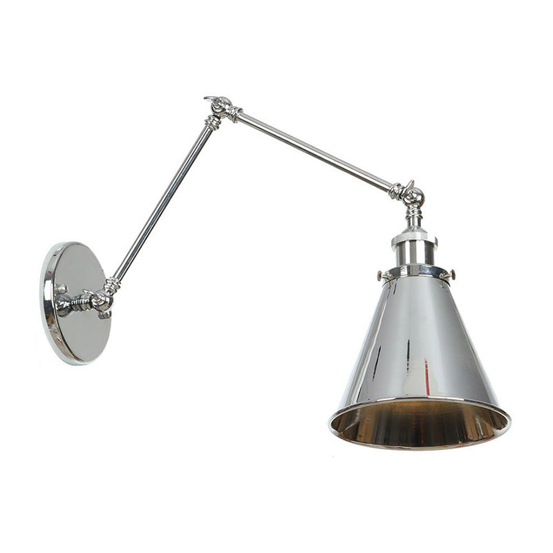 Saucer/Cone/Horn Bedside Reading Wall Lamp Factory Metal Single 6"/8" W Chrome Wall Mount Light Fixture with Rotatable Arm Chrome B Clearhalo 'Art deco wall lights' 'Cast Iron' 'Glass' 'Industrial wall lights' 'Industrial' 'Middle century wall lights' 'Modern' 'Rustic wall lights' 'Tiffany' 'Traditional wall lights' 'Wall Lamps & Sconces' 'Wall Lights' Lighting' 1918410