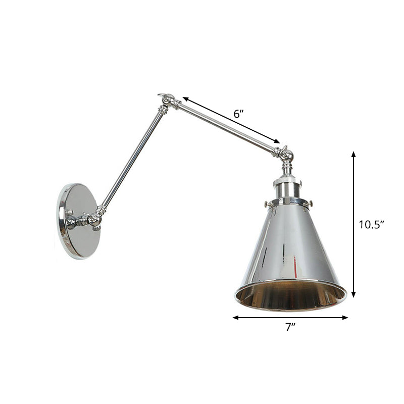 Saucer/Cone/Horn Bedside Reading Wall Lamp Factory Metal Single 6"/8" W Chrome Wall Mount Light Fixture with Rotatable Arm Clearhalo 'Art deco wall lights' 'Cast Iron' 'Glass' 'Industrial wall lights' 'Industrial' 'Middle century wall lights' 'Modern' 'Rustic wall lights' 'Tiffany' 'Traditional wall lights' 'Wall Lamps & Sconces' 'Wall Lights' Lighting' 1918411