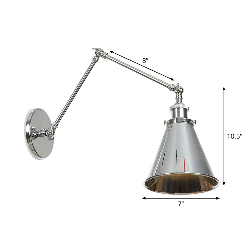 Saucer/Cone/Horn Bedside Reading Wall Lamp Factory Metal Single 6"/8" W Chrome Wall Mount Light Fixture with Rotatable Arm Clearhalo 'Art deco wall lights' 'Cast Iron' 'Glass' 'Industrial wall lights' 'Industrial' 'Middle century wall lights' 'Modern' 'Rustic wall lights' 'Tiffany' 'Traditional wall lights' 'Wall Lamps & Sconces' 'Wall Lights' Lighting' 1918412
