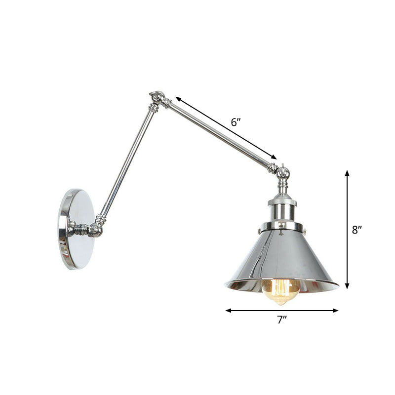 Saucer/Cone/Horn Bedside Reading Wall Lamp Factory Metal Single 6"/8" W Chrome Wall Mount Light Fixture with Rotatable Arm Clearhalo 'Art deco wall lights' 'Cast Iron' 'Glass' 'Industrial wall lights' 'Industrial' 'Middle century wall lights' 'Modern' 'Rustic wall lights' 'Tiffany' 'Traditional wall lights' 'Wall Lamps & Sconces' 'Wall Lights' Lighting' 1918414