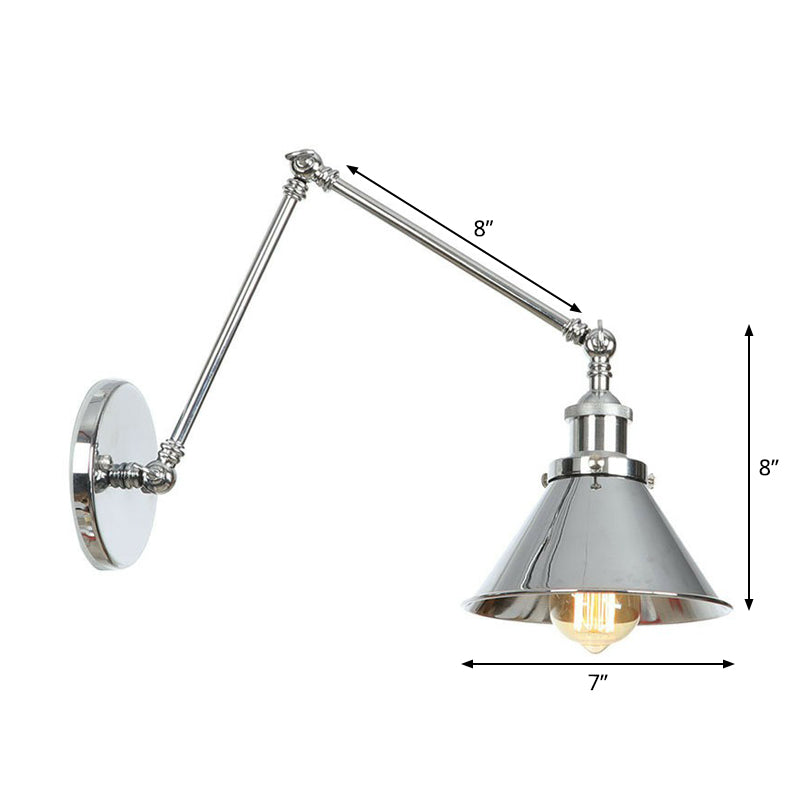 Saucer/Cone/Horn Bedside Reading Wall Lamp Factory Metal Single 6"/8" W Chrome Wall Mount Light Fixture with Rotatable Arm Clearhalo 'Art deco wall lights' 'Cast Iron' 'Glass' 'Industrial wall lights' 'Industrial' 'Middle century wall lights' 'Modern' 'Rustic wall lights' 'Tiffany' 'Traditional wall lights' 'Wall Lamps & Sconces' 'Wall Lights' Lighting' 1918415