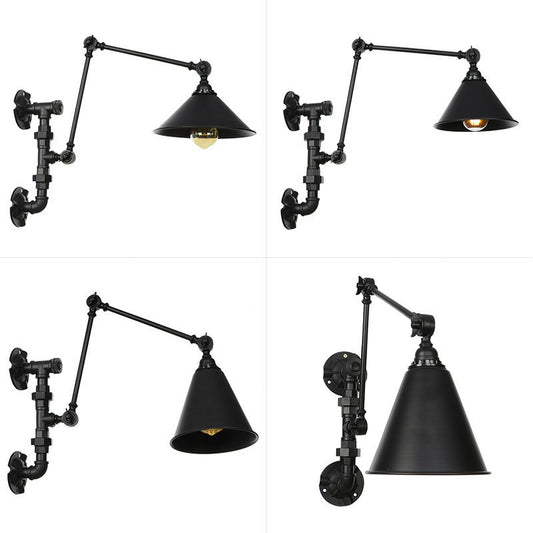 Cone/Flared Living Room Wall Lamp Fixture Industrial Iron 1-Light Black Rotatable Wall Light with Water Pipe Bracket Clearhalo 'Art deco wall lights' 'Cast Iron' 'Glass' 'Industrial wall lights' 'Industrial' 'Middle century wall lights' 'Modern' 'Rustic wall lights' 'Tiffany' 'Traditional wall lights' 'Wall Lamps & Sconces' 'Wall Lights' Lighting' 1918463