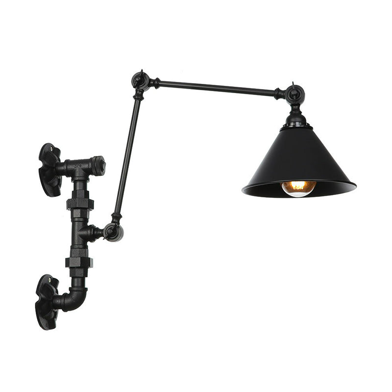 Cone/Flared Living Room Wall Lamp Fixture Industrial Iron 1-Light Black Rotatable Wall Light with Water Pipe Bracket Black A Clearhalo 'Art deco wall lights' 'Cast Iron' 'Glass' 'Industrial wall lights' 'Industrial' 'Middle century wall lights' 'Modern' 'Rustic wall lights' 'Tiffany' 'Traditional wall lights' 'Wall Lamps & Sconces' 'Wall Lights' Lighting' 1918464