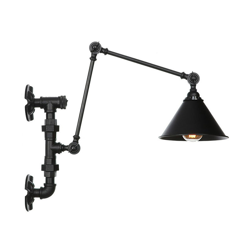 Cone/Flared Living Room Wall Lamp Fixture Industrial Iron 1-Light Black Rotatable Wall Light with Water Pipe Bracket Clearhalo 'Art deco wall lights' 'Cast Iron' 'Glass' 'Industrial wall lights' 'Industrial' 'Middle century wall lights' 'Modern' 'Rustic wall lights' 'Tiffany' 'Traditional wall lights' 'Wall Lamps & Sconces' 'Wall Lights' Lighting' 1918465